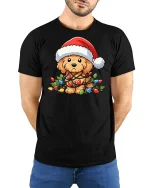 Cute Christmas Puppy Lights Tee Funny Holiday Dog Lover Tshirt - model wearing black tee with hands behind back