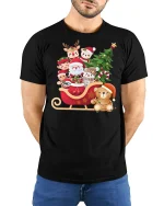 Cute Santa Sleigh Friends Tee Christmas Characters Holiday Tshirt - model wearing black tee with hands behind back