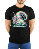 Cute Christmas Gnome Sledding Graphic Tee Festive Holiday T-Shirt - model wearing black tee with hands behind back