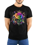 Rainbow Rose Music Crown Tee Vibrant Artistic Musical T-Shirt - model wearing black tee with hands behind back