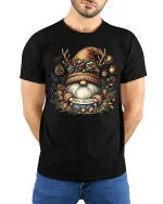 Rustic Christmas Gnome Antler Hat Tee Cozy Holiday T-Shirt - model wearing black tee with hands behind back
