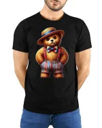 Cute Dapper Bear Suspenders Tee Adorable Vintage Style T-Shirt - model wearing black tee with hands behind back