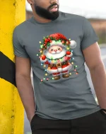 Cute Santa Christmas Lights Tee Adorable Holiday Graphic T-Shirt - model wearing grey tee, leaning on column