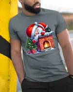 Funny Santa Chimney Tee Cute Christmas Fireplace T-Shirt Gift - model wearing grey tee, leaning on column
