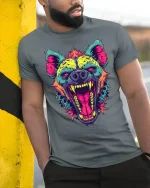Neon Roaring Hyena Tee Wild Colorful Animal Art Tshirt - model wearing grey tee, leaning on column