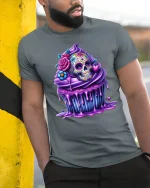Sugar Skull Cupcake Tee Colorful Sweet Day of the Dead Tshirt - model wearing grey tee, leaning on column