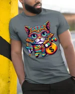 Gangster Money Cat Tee Colorful Cool Kitty Graphic Tshirt - model wearing grey tee, leaning on column