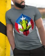 Puerto Rico Flag Frog Art Tee Colorful Tropical Pride T-Shirt - model wearing grey tee, leaning on column