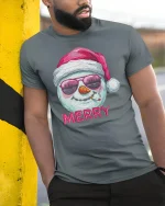 Funny Merry Snowman Tee with Santa Hat Cool Holiday Tshirt - model wearing grey tee, leaning on column