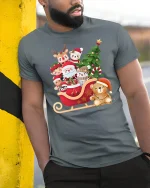 Cute Santa Sleigh Friends Tee Christmas Characters Holiday Tshirt - model wearing grey tee, leaning on column
