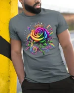 Rainbow Rose Music Crown Tee Vibrant Artistic Musical T-Shirt - model wearing grey tee, leaning on column