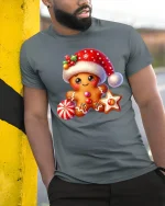Cute Gingerbread Christmas Tee Sweet Holiday Cookie T-Shirt - model wearing grey tee, leaning on column