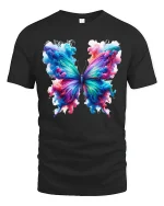 Vibrant Rainbow Butterfly Art Tee with Colorful Ink Splash - black t-shirt on white background