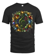 Christmas Music Wreath Tee with Treble Clef Holiday Lights - black t-shirt on white background