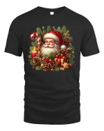 Vintage Santa Christmas Tee with Pine Cones and Gifts - black t-shirt on white background
