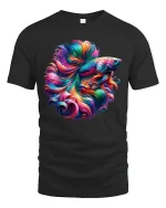 Vibrant Betta Fish Art Tee with Colorful Flowing Fins - black t-shirt on white background