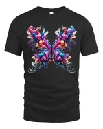 Vibrant Abstract Butterfly Art Tee with Colorful Swirls - black t-shirt on white background