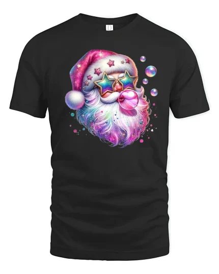 Retro Bubblegum Santa Tee with Colorful Galaxy Style - black t-shirt on white background