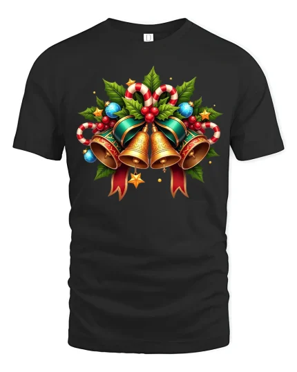 Christmas Bells Holiday Tee with Candy Canes and Holly Art - black t-shirt on white background