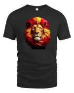 Majestic Fiery Lion Tee with Bold Red and Gold Mane Art - black t-shirt on white background