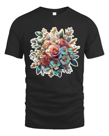 Elegant Floral Bouquet Tee with Pastel Rose Art Design - black t-shirt on white background