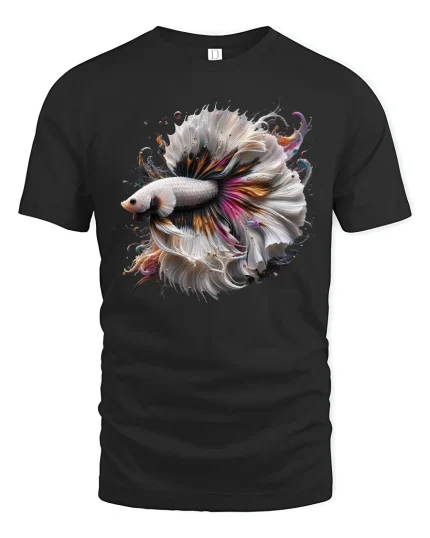 Elegant Betta Fish Art Tee with Color Splash Flowing Fins - black t-shirt on white background
