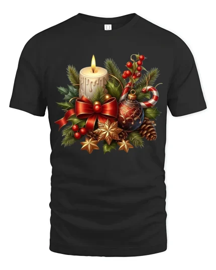 Cozy Christmas Candle Tee with Festive Holiday Decorations - black t-shirt on white background