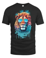 Cool Summer Lion Tee with Sunglasses and Tropical Vibes - black t-shirt on white background