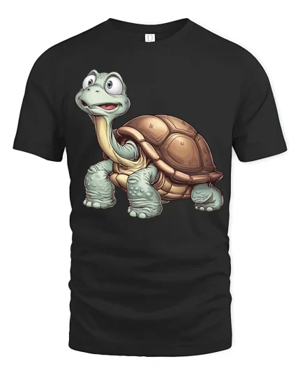 Cute Happy Turtle Tee with Cartoon Style for Animal Lovers - black t-shirt on white background