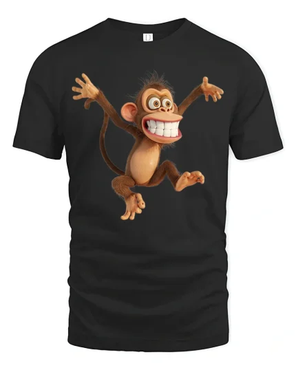 Funny Crazy Monkey Tee with Big Smile Cartoon Design - black t-shirt on white background