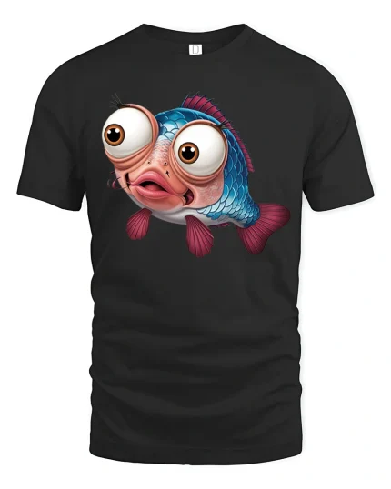 Funny Big Eyed Fish Tee with Cute Cartoon Ocean Design - black t-shirt on white background