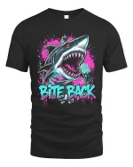 Bite Back Shark Tee with Neon Graffiti Style Artwork - black t-shirt on white background