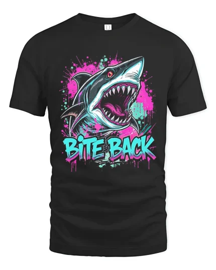 Bite Back Shark Tee with Neon Graffiti Style Artwork - black t-shirt on white background