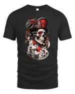 Pirate Skull Captain Tee with Red Sails and Dark Ocean Art - black t-shirt on white background