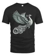Elegant Silver Peacock Tee with Artistic Winged Bird Design - black t-shirt on white background