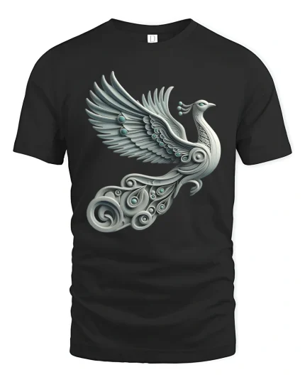 Elegant Silver Peacock Tee with Artistic Winged Bird Design - black t-shirt on white background