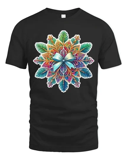Colorful Mandala Art Tee with Intricate Floral Pattern - black t-shirt on white background
