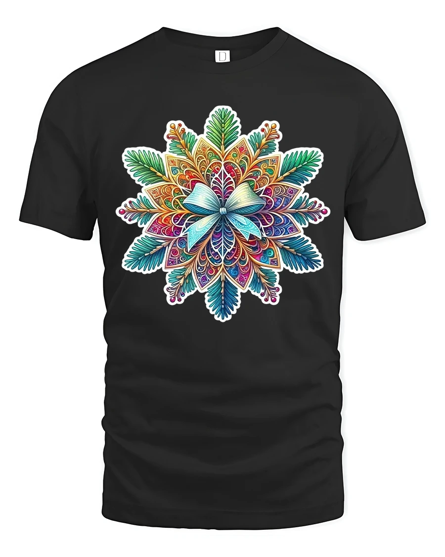 Colorful Mandala Art Tee with Intricate Floral Pattern - 1 Colorful Mandala Art Tee with Intricate Floral Pattern - black t-shirt on white background