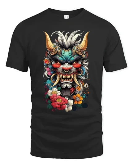 Fierce Oni Mask Floral Art Tee with Bold Japanese Style - black t-shirt on white background