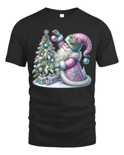 Pastel Santa Decorating Christmas Tree Holiday Art Tee - black t-shirt on white background