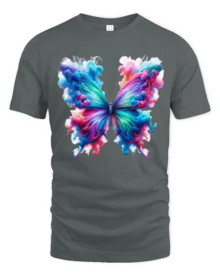 Vibrant Rainbow Butterfly Art Tee with Colorful Ink Splash - gray t-shirt on white background