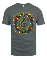 Christmas Music Wreath Tee with Treble Clef Holiday Lights - gray t-shirt on white background