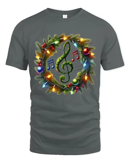 Christmas Music Wreath Tee with Treble Clef Holiday Lights - gray t-shirt on white background