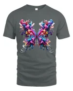 Vibrant Abstract Butterfly Art Tee with Colorful Swirls - gray t-shirt on white background