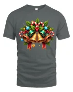 Christmas Bells Holiday Tee with Candy Canes and Holly Art - gray t-shirt on white background