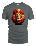 Majestic Fiery Lion Tee with Bold Red and Gold Mane Art - gray t-shirt on white background