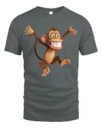 Funny Crazy Monkey Tee with Big Smile Cartoon Design - gray t-shirt on white background