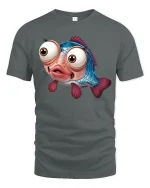 Funny Big Eyed Fish Tee with Cute Cartoon Ocean Design - gray t-shirt on white background