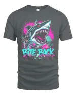 Bite Back Shark Tee with Neon Graffiti Style Artwork - gray t-shirt on white background