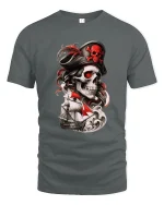 Pirate Skull Captain Tee with Red Sails and Dark Ocean Art - gray t-shirt on white background